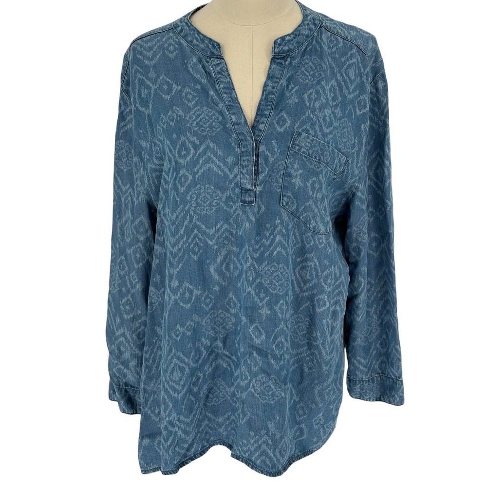Grand & Greene Tunic Top Blue Geometric Ikat Split Neck L